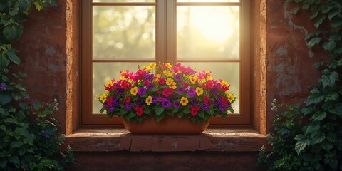 Naklejka premium Bright petunia blooms on a windowsill illuminated by spring sunlight, highlighting seasonal flowering