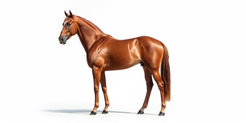 Naklejka premium Thoroughbred racehorse standing on track, illustrating muscular build and racing readiness, no visible branding