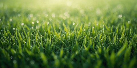 Naklejka premium Detailed view of healthy grass with dew droplets, emphasizing natural texture for environmental awareness, Earth Day