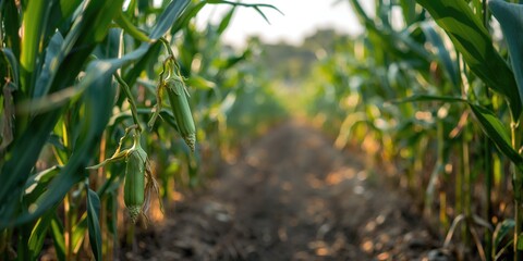 Fototapeta premium Corn pods on the corn plant, illustrating agricultural crop growth during the season