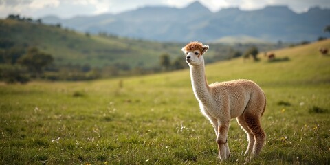 Fototapeta premium A cute Vicugna pacos on a farm, showcasing its soft wool and playful stance, ideal for agricultural layout