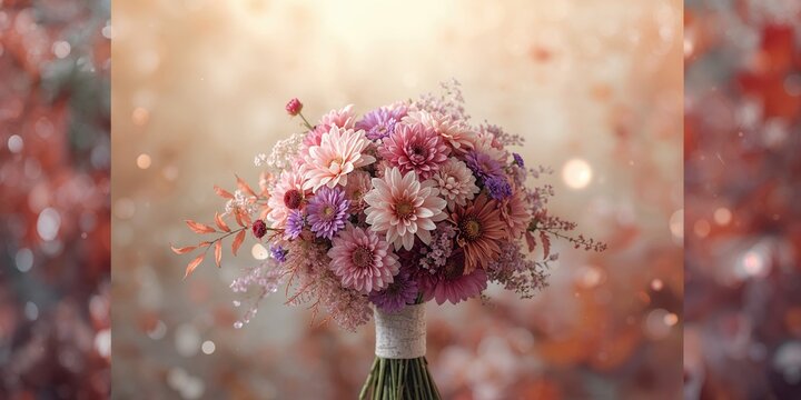 Colorful floral bouquet with pink flowers, arranged for a wedding celebration, focusing on floral design and autumn theme - Powered by Adobe
