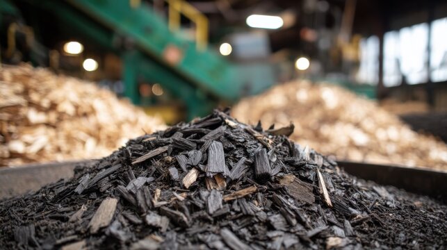 Medium shot of mixed fuel biochar production featuring blending of wood chips and agricultural residues to create ecofriendly wood preservation material.