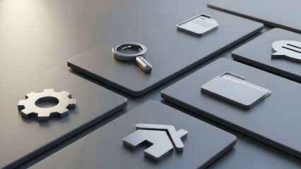 Sleek metallic 3D icons representing various digital functions and applications on a structured interface, symbolizing modern technology, user experience, and interconnected digital services
