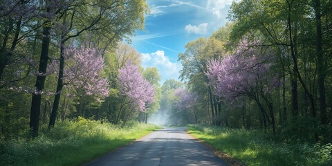 Naklejka premium Springtime scene of a paved road winding through an enchanted forest, ideal for outdoor excursions