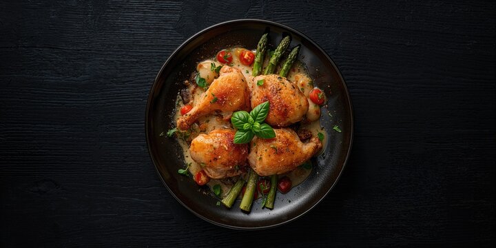 Roasted chicken thighs alongside asparagus and mixed vegetables coated in cream sauce, highlighting balanced diet, food plating, World Nutrition Day