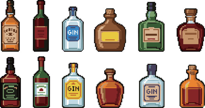 Retro pixel art set of various liquor bottles and alcohol drinks. 8-bit vector illustration collection.