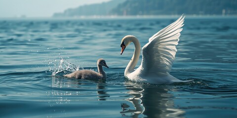 Fototapeta premium Swans engaging in territorial conflict on Lake Geneva, highlighting wildlife interactions