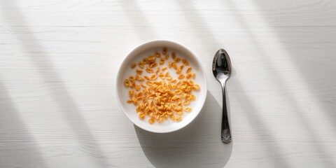 Bowl of cornflakes with milk used as a breakfast staple, processed grain consumption