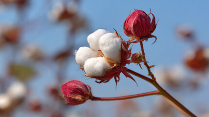 Fresh cotton bolls against blue sky agriculture harvest natural textile fiber background 