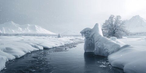 Black and white image of a frozen landscape with snow-covered slopes, glacial formations, and a meandering stream, seasonal change