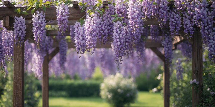 Hanging wisteria flowers in vibrant purple shades, spring season, Earth Day
