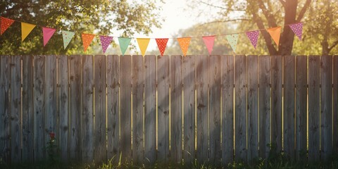 Multicolored pennant banners strung across rustic wooden fences creating festive outdoor decoration, summer event