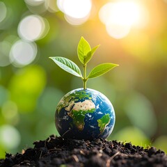 Globe topped with green sprout on soil, bokeh background with sunlight