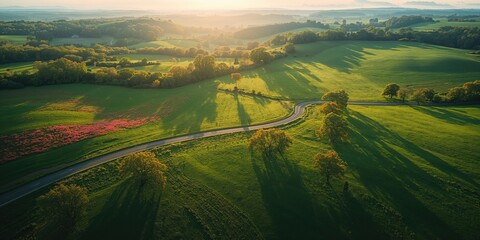 Birds-eye perspective of a curving road amidst dense greenery and trees, illuminated by sunlight creating extended shadows, highlighting rural transportation routes