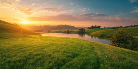 Fototapeta premium Lush grass, water features, and sunset lighting create a peaceful outdoor setting for relaxation, Earth Day