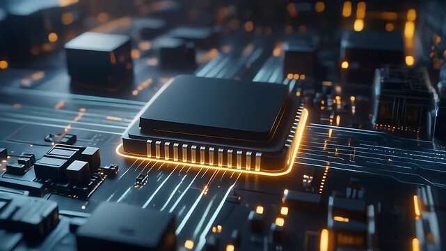 Electronic circuit board. Futuristic glowing microchip activating on a mainboard