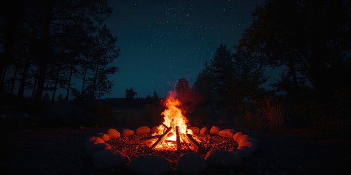 Nighttime outdoor firewood fire illuminating a backyard, focusing on seasonal outdoor warmth