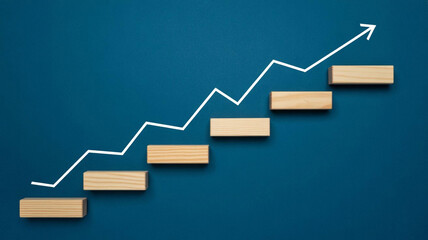 Climbing Success Steps: Upward Trend Line and Wooden Blocks Symbolizing Business Growth, Career Development, Strategy, and Financial Progress