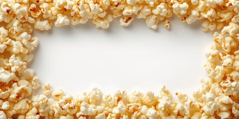 Detail of popcorn border on a white background, emphasizing snack texture for food layout or advertising