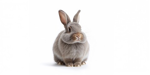 Obraz premium Grey rabbit with lifted ear isolated on white, animal health and natural features, World Rabbit Day