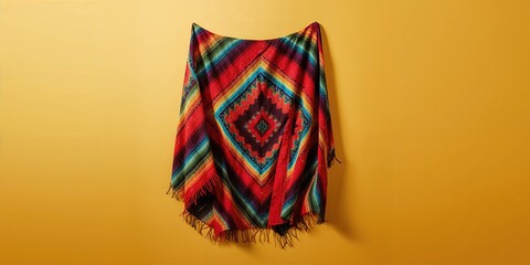 Colorful Mexican serape blanket on a yellow background, designed as a vibrant textile for cultural display