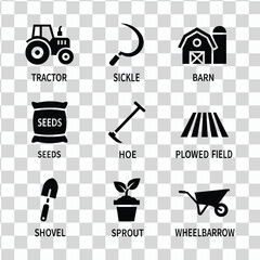 Collection of farm tools and icons on transparent background