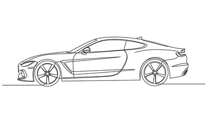 A continuous line drawing of a sleek sports car from a side profile perspective