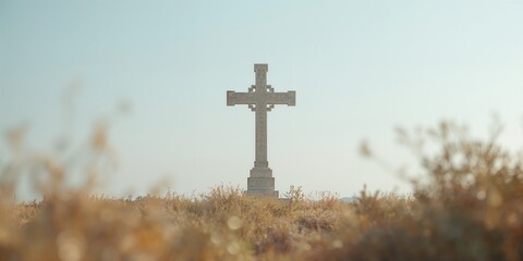 Weathered white stone religious cross, isolated sculpture highlighting Christian faith, religious practice