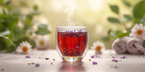 Black tea with lavender in a double walled glass, highlighting herbal infusion for calming effects, World Herbal Tea Day