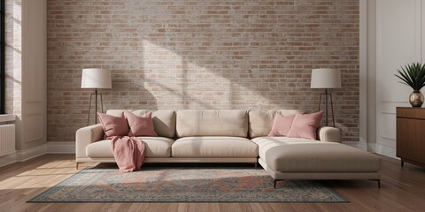 Modern corner sofa interior with plush pillows used as a background for text layout, interior design, World Interior Day