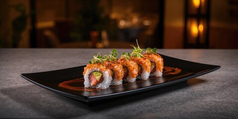 Crispy shrimp sushi roll with fish, rice, and avocado, served in a restaurant setting, highlighting seafood preparation, World Seafood Day
