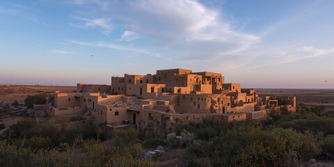 Fototapeta premium Ancient mud brick dwellings in Dakhla oasis, Egypt, highlighting traditional architecture and preservation efforts
