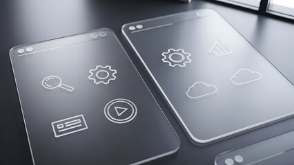 Futuristic transparent mobile device screens displaying a minimalist array of essential application icons, symbolizing advanced user interface design and conceptual digital technology development