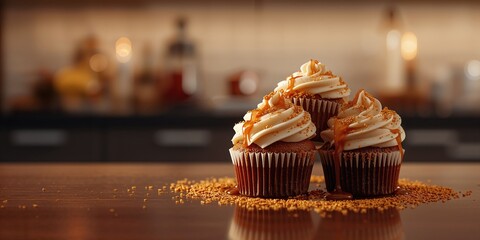 Caramel-coated cupcake toppings on the surface, confectionery decoration for baked goods, enhancing dessert presentation