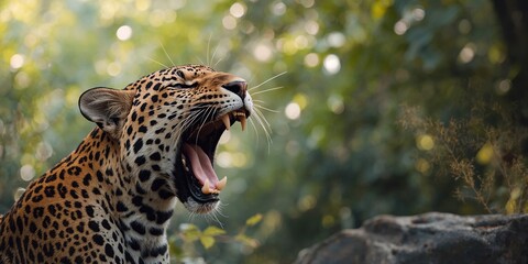 Obraz premium Leopard with a yawning display of dominance in Ranthambore, Rajasthan, illustrating natural behavior, animal conservation day