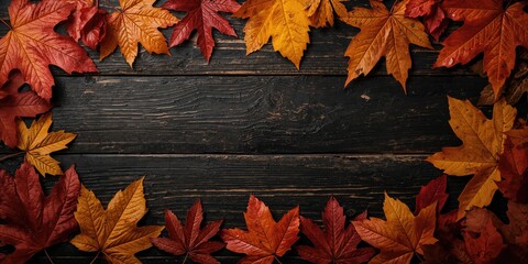 Colorful fall foliage resting on a dark wooden tabletop, ideal for layout or text overlay