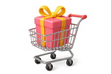 Shopping cart holding a pink gift box with a yellow ribbon, presenting a holiday shopping concept. 3d icon