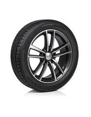 Obraz premium A close-up studio shot showcasing a pristine automobile tire with a stylish rim, set against a bright, pure white backdrop