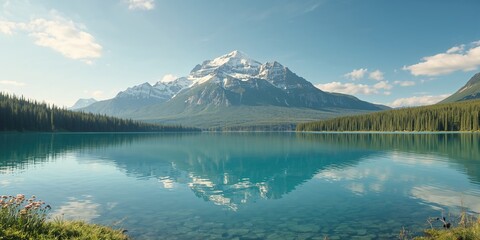 Naklejka premium Majestic mountain scene reflecting in the lake in Alberta, highlighting erosion risk and environmental stability