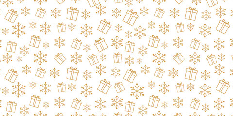 Seamless Christmas pattern with GOLD gift box and snowflake icons on a WHITEbackground, modern festive texture ideal for wrapping paper, textiles, invitations, greeting cards.