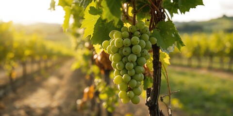 Unripe grapes with green leaves on the vine, early growth stages in vineyards
