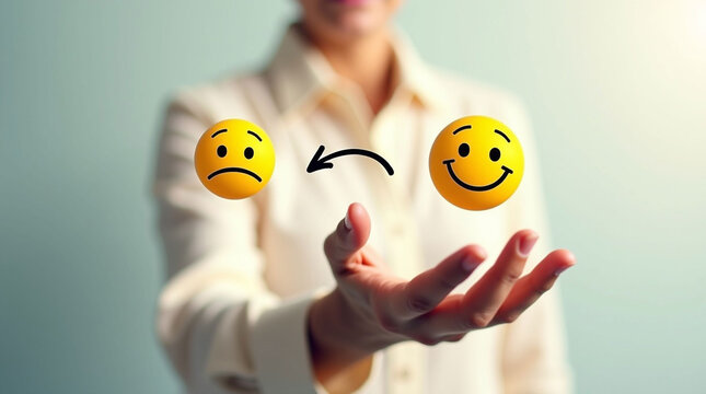 Emotional Transformation: Digital Concept of a Hand Holding Floating Emojis Showing the Transition from Sadness to Happiness and Positive Change - Powered by Adobe