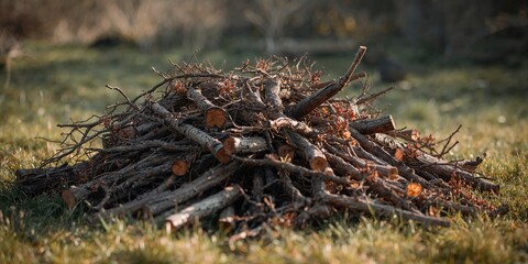Obraz premium Heap of felled branches showing budding growth and flowering pistils, highlighting seasonal change and plant health