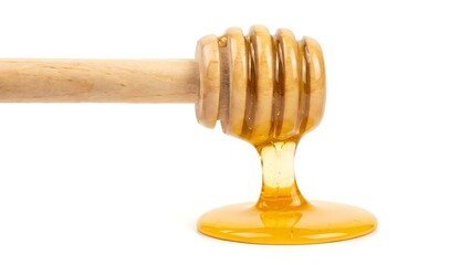 Honey Dripping from Wooden Dipper on Transparent Background