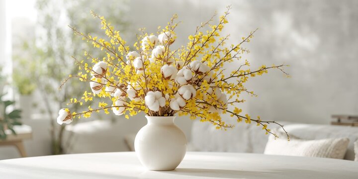 Close up of a flower arrangement featuring Forsythia and dried cotton, used as a decorative floral display for seasonal decor