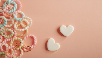 Bright candy bracelets and white hearts on a lively background, designed for a playful or joyful setting, World Heart Day