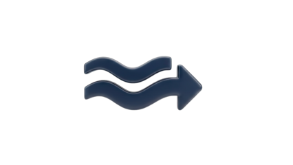 Dark Blue Abstract Wavy Lines and Arrow Symbol on Transparent Background Glossy 3D Rendered Icon Representing Direction and Flow