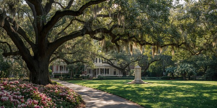 Sunlit scene at Forsyth Park in Savannah, Georgia, with Magnolia Trees providing shade, ideal for leisure activities