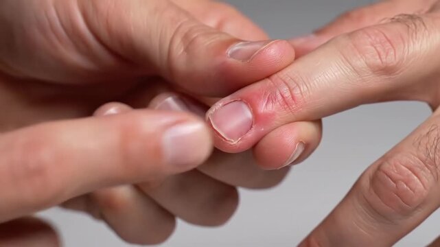 Medical Examination and Treatment of Irritated and Infected Finger with Redness on the Skin